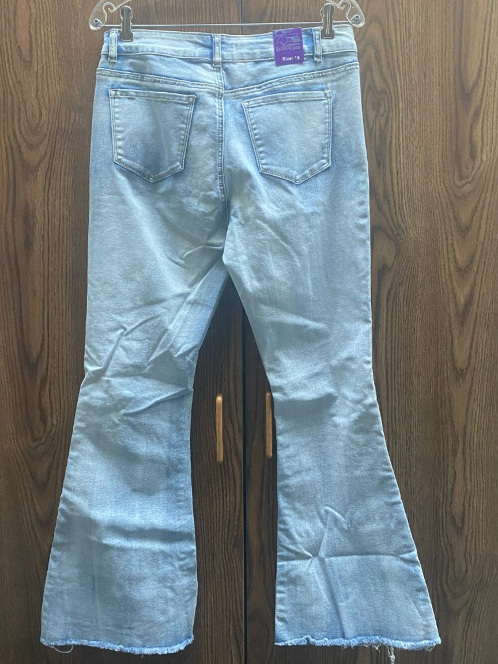 NWT Bamboo Button Fly Flare Jeans Raw Hem Medium Wash Denim Juniors Size 15 - Picture 11 of 12